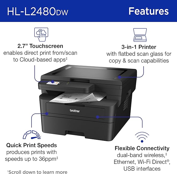 Brother HL-L2480DW Wireless Compact Monochrome Multi-Function Laser Printer with Copy and Scan, Duplex, Mobile, Black & White | Includes Refresh Subscription Trial(1), Amazon Dash Replenishment Ready