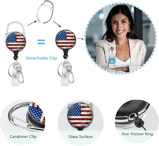 4th of July Patriotic Badge Reels Retractable with 360 Degrees Rotate Carabiner Clip Heavy Duty, American Flag ID Badge Holder Lanyard, Nurse Doctor Office Teacher School Supplies Gifts