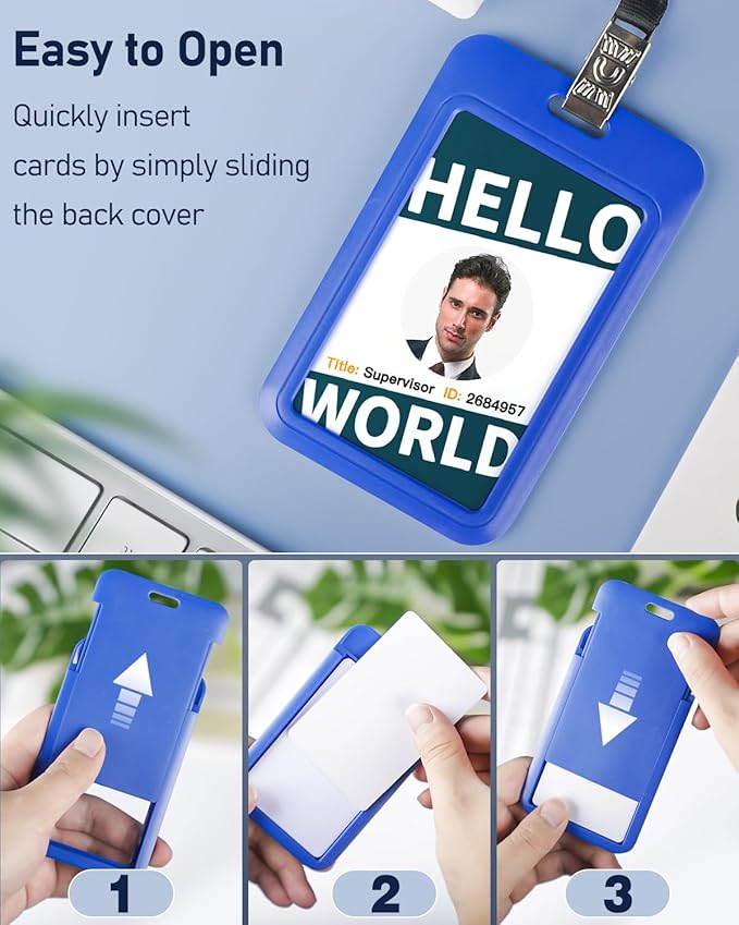 Uniclife 10 Pack Sliding ID Badge Holder Vertical Hard Plastic Case with Clear Window Blue Card Protector Pouch for Office School ID Credit Cards Proximity Key Cards Driver’s Licenses and Passes
