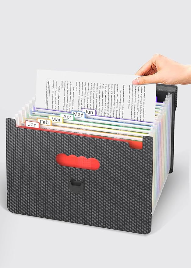 Accordion File Organizer/Expanding File Folder with Handle,13 Pockets Filing Box,Perfect for Desktop Standing/Portabe Document Paper Organizer,A4/Letter Size,Monthly/Blank Tabs,Black Diamond