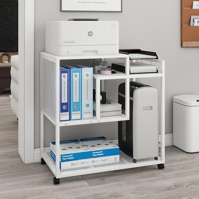 Natwind Mobile Printer Stand with Wheels,Computer Host Cart,PC Tower Stand, Multi-Functional Organizer Shelf for Shredder, Scanner, CPU,File Papers and Other Office Supplies (White)