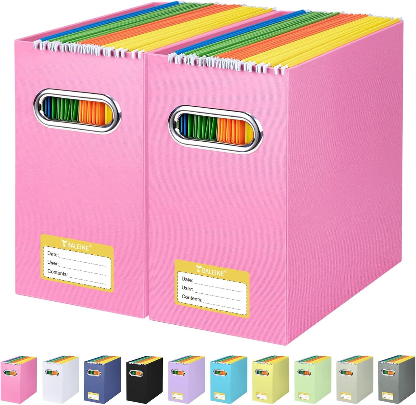 BALEINE File Organizer Box, Cardboard File Folder Organizer with Handle for Letter Size, Portable Collapsible Hanging Filing Box for Home Office Document Storage (2 Pack, Pink)