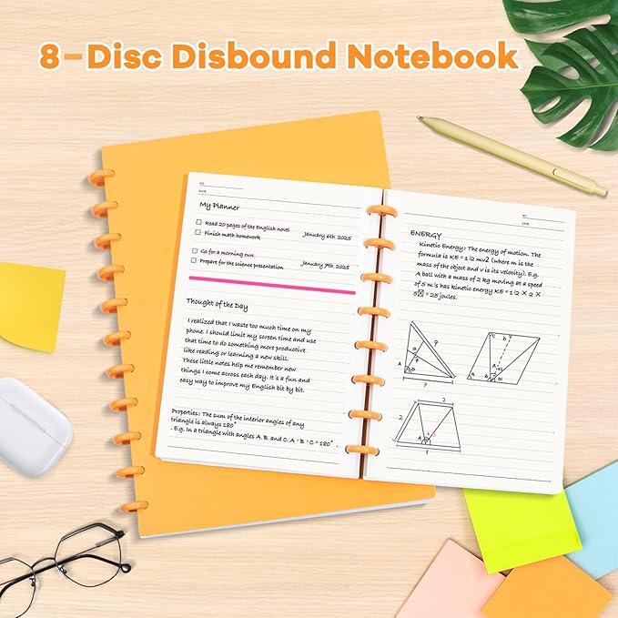 Discbound Notebook, 8-Disc Disbound Planner with Removable Pages, 180 Pages Spiral Notebook, Poly Cover Discbound Planner for Work, Travel, Note Taking(With Index Sticker),Orange,A4