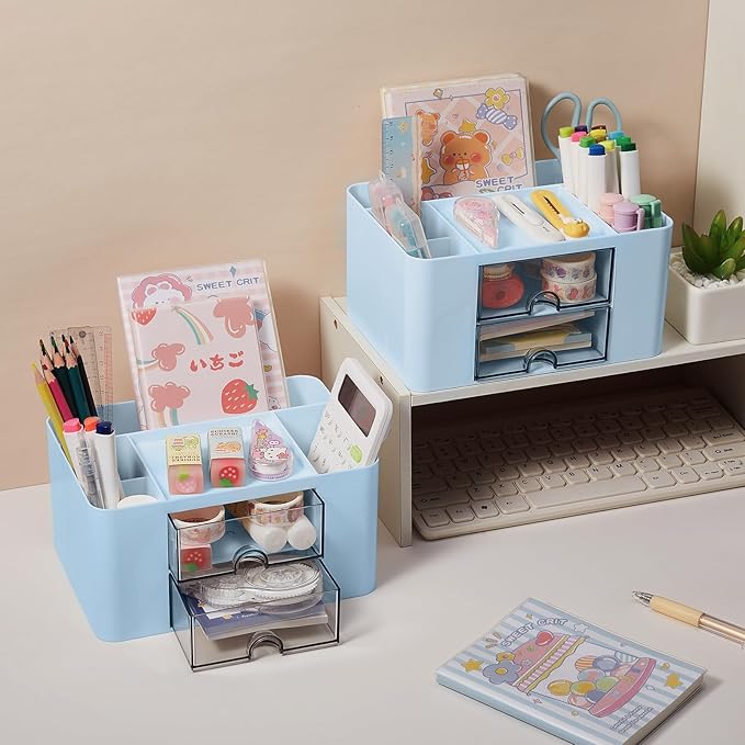 Pen Holder for Desk, Pencil Organizer Makeup Brush Holder Cup Storage Pen Cups Stylish Marker Pen Organizer Makeup Brush Holder Desk Accessories Organizer for Home School Office Blue