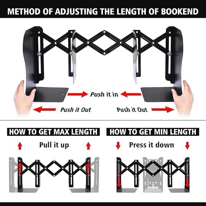 2PCS Adjustable Bookends, Metal Book Ends for Heavy Book, 2 Dividers, Nonslip Book Stander for Desk, Shelf, Office, Stationery Gift, Extends up to 19 inches (Black)