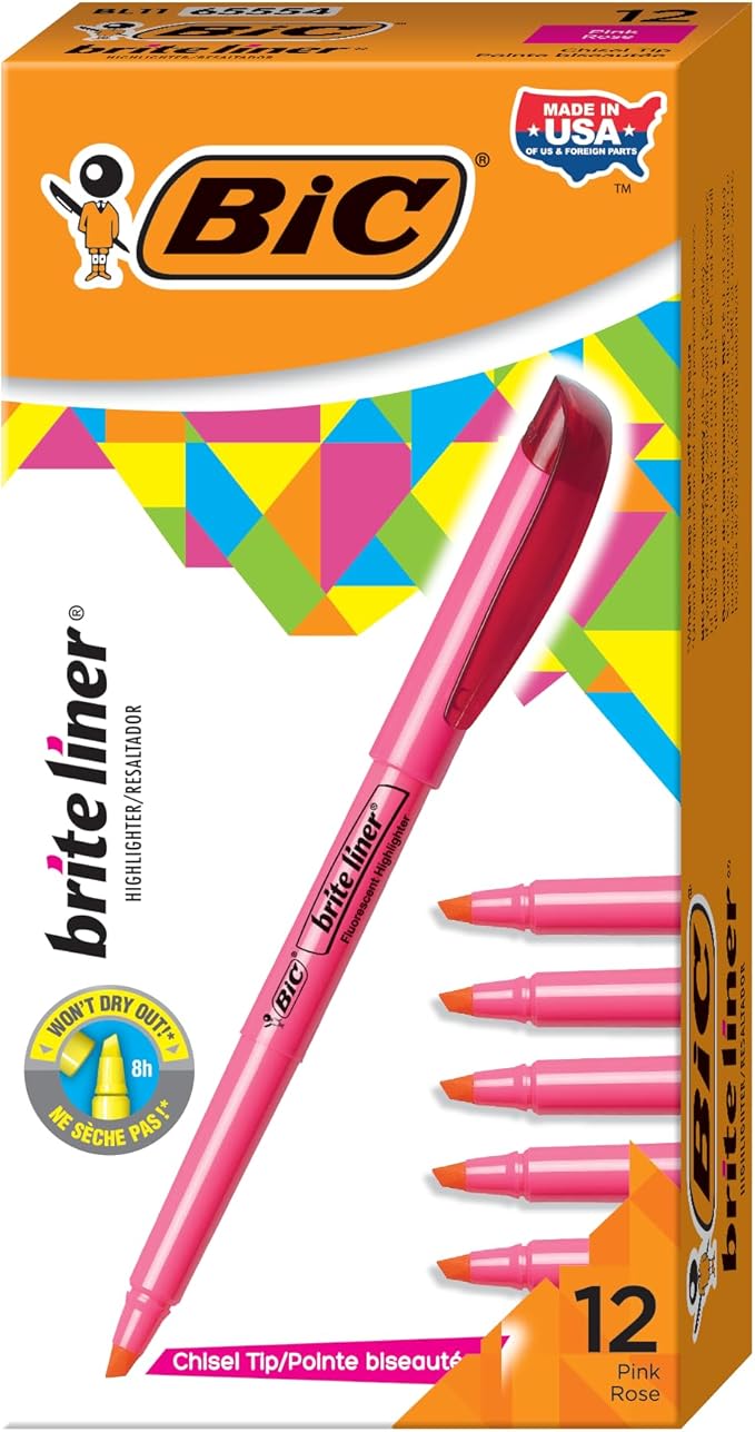BIC Brite Liner Highlighters, Chisel Tip, 12-Count Pack of Pink Highlighters, Ideal Highlighter Set for Organizing and Coloring