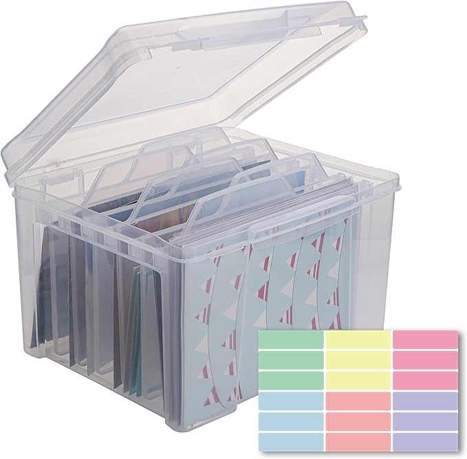 Greeting Card Storage & Organizer Box with 6 Removable Dividers for Holiday Birthday Get Well Cards Photos, Crafts, Scrapbooking(Clear)