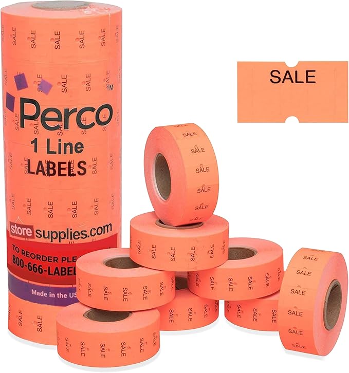 Perco 1 Line Fluorescent Red Sale Labels - 8 Rolls, 1 Sleeve, 8,000 Blank Price and Date Gun Labels for Perco 1 Line Price and Date Guns - Made in USA