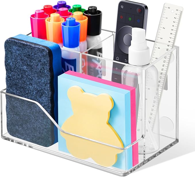 Simetufy Clear Magnetic Dry Erase Marker Holder for Refrigerator, Partition Non-slip Acrylic Whiteboard Marker Holder with Large Slots for Magnetic Board, or Metal Surfaces for Fridge, Lockers, Washer