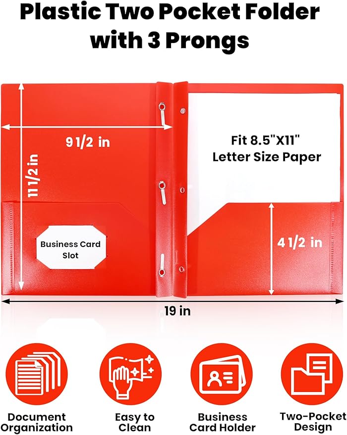 SUNEE 2 Pocket Folders with Prongs (3 Pack, Red) Plastic Folders with Pockets and Prongs Fit Letter Size, Poly Folders with Pockets for School Office Home Business