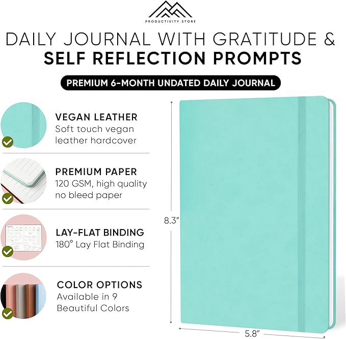 Journal For Women & Men - Gratitude Journal, Self Care & Mental Health Journal For Women & Men - A5 - Teal - Productivity Store