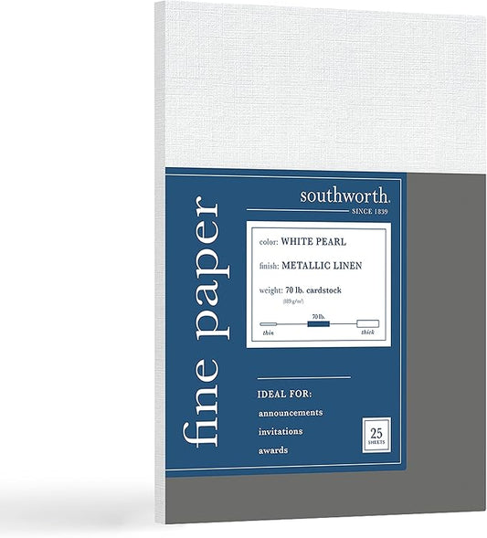 Southworth Business Paper, 8.5" x 11", 70 lb., Metallic Finish, White Pearl, 25 Sheets (91142)