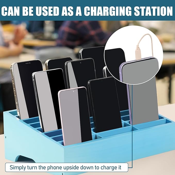 Wooden 24-Grid Cell Phones Storage Box Desktop Mobile Phone Holder Organizer for Office School Classroom (24-Grid Blue)