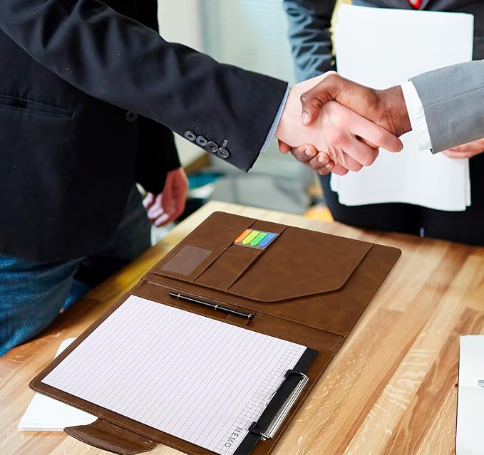 A4 Leather Portfolio Professional Organizer Padfolio,Stylish Document Folio Organizer with Magnetic,Resume Portfolios with Papers,Sticky Tabs,Pen for Interview Conference Presentation,Retro Brown