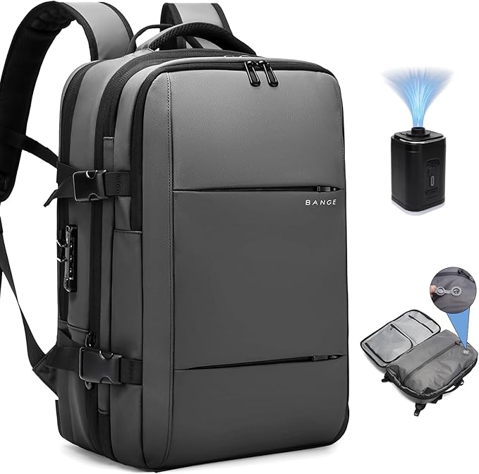 BANGE Airback Backpack,60L Expandable Travel Backpack Vacuum Compression with Air Pump, Waterproof and Anti-Theft Laptop Backpack for Hiking, Business and Travel