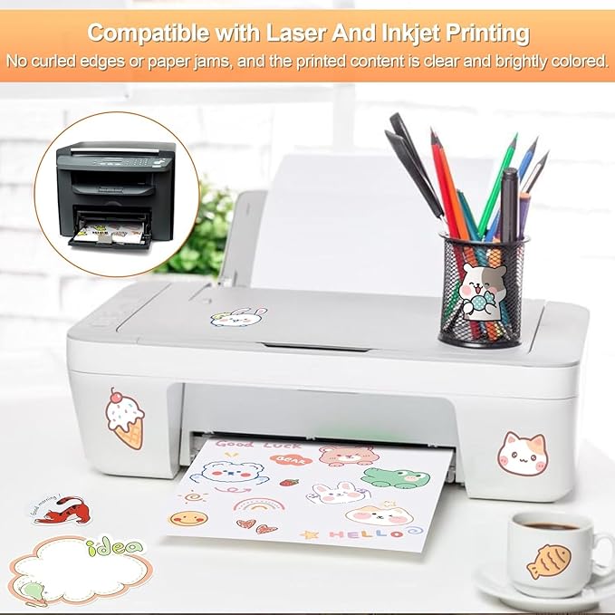 Printable Sticker Paper for Inkjet Printer, 150 Sheets 8.5"x11” Matte Sticker Printer Paper Full Sheet Labels, Sticker Paper for Printer Sticker Labels, for Laser/Inkjet Printers, Letter Size