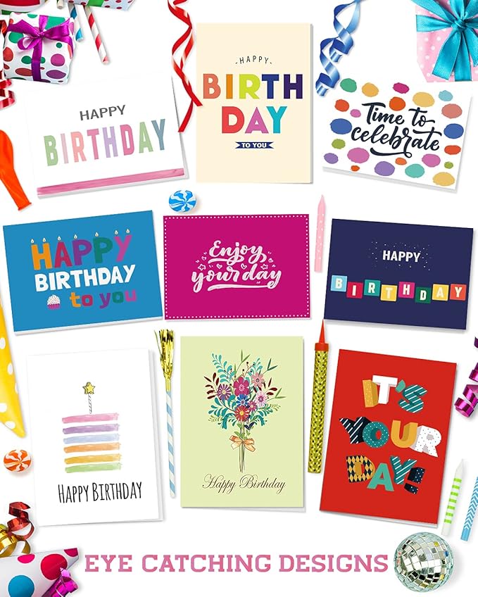 80 Unique Birthday Cards- Happy Cards Bulk With Greetings Inside – Assorted Envelopes and Stickers -Large 5 x 7 inches- Greeting Box Set