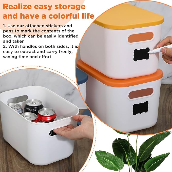 Thyle 12 Pack Plastic Storage Bins with Lids and Handles Colorful Stackable Desktop Storage Box Bins with Marker Label for Office Classroom Cabinet Shelf Drawer Kitchen, 10x7x6 Inch(White, Ivory)