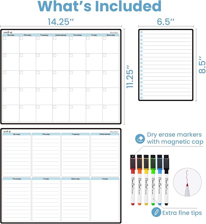 CLEVER CLEAN Magnetic Dry Erase Monthly Calendar - 14.25"x11.25" Monthly and Weekly Calendar Bundle for Fridge - 6 Extra Fine Point Markers Included - Shipped Flat