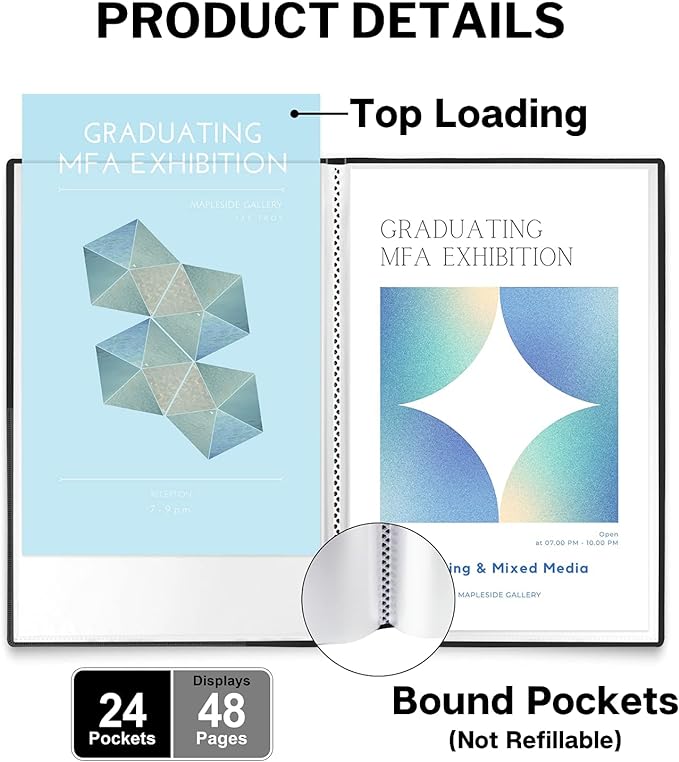 Dunwell 11x17 Portfolio Binder (Black), Presentation Binder with 24 Clear Plastic Sleeves, Large Art Portfolio Folder, Acid-Free Poly Cover and Sleeves