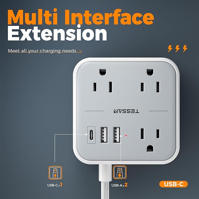 Extension Cord Flat Long Power Strip 15 FT, TESSAN Surge Protector Power Strip with USB Ports (1 USB C), Flat Wall Outlet Extender with 3 Outlets for Home, Office, School, Dorm Room Essentials