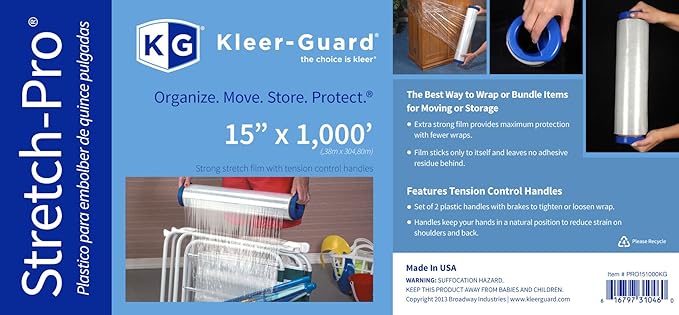 Kleer-Guard® Stretch Wrap with Tension Control Handles. 15" x1000' ft./roll. 80 Gauge Equivalent. 1 Roll Two Tension Control Handles