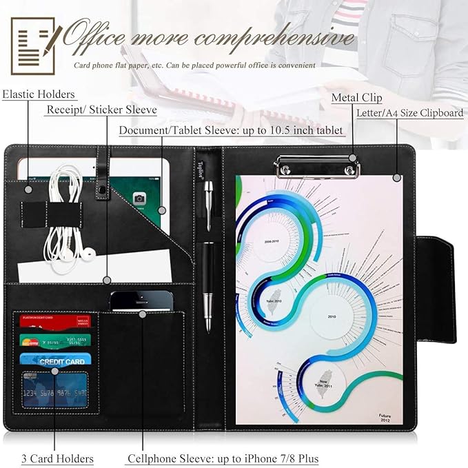 Toplive Portfolio Case Padfolio, Executive Business Document Organizer with Letter Size Clipboard, Business Card Holder, Tablet Sleeve, Perfect for Business School Office Conference, Tree-Black