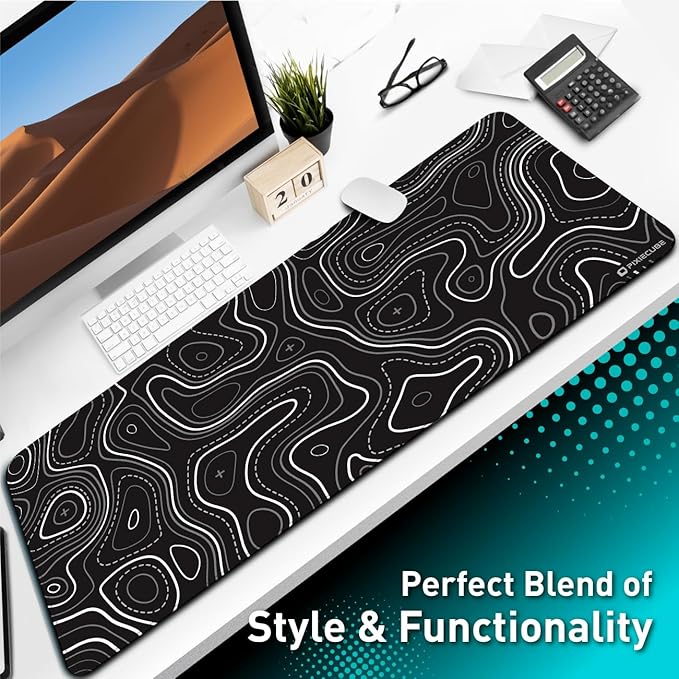 Minimalist Topographic Map Mouse Pad - Contour Extended Large Stitch Edge Mousepad. Black & White Non-Slip XXL Gaming Desk Mat