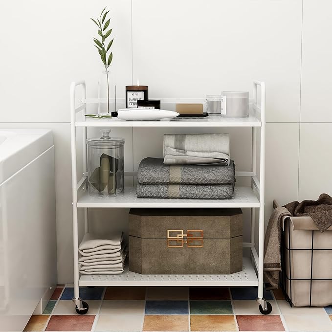 3-Tier Mesh Metal Rolling Cart, Multipurpose Heavy Duty Cart, Multipurpose Storage Rack,Utility Cart, High Capacity Cart with Locking Wheels(White)