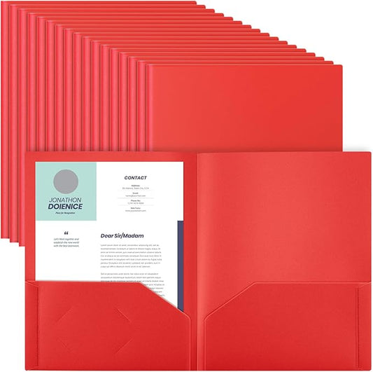 Gueevin 50 Pcs Plastic Folders with Pockets, Two Pocket Folder Fit Letter Size, Heavy Duty School Business Card Holder for Home Office School Bussiness, 11.61 x 9.45 Inches (Red)