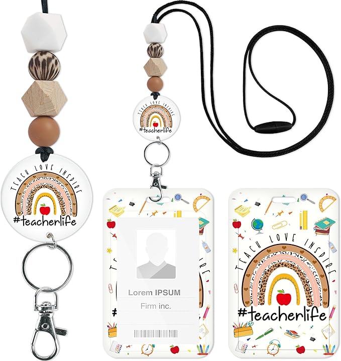 Teacher Lanyard with ID Holder, Leopard Print Rainbow Teach Love Inspire Teaching Supplies Badge Holder with Beaded Adjustable Lanyard, Teachers Gifts