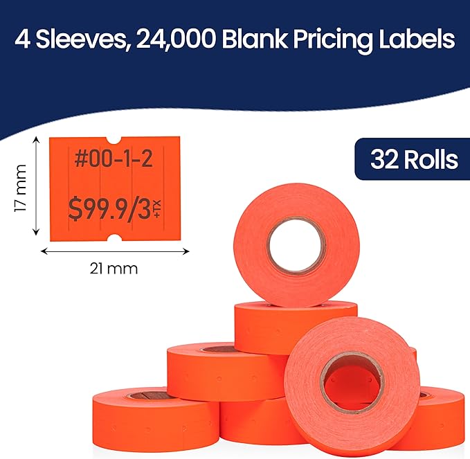 Perco 2 Line Fluorescent Red Labels - 32 Rolls, 4 Sleeves, 24,000 Blank Price and Date Gun Labels for Perco 2 Line Price and Date Guns - Made in USA