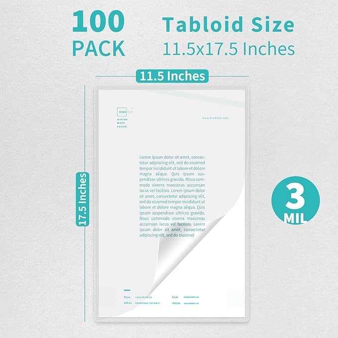 Binditek 100 Pack 3 Mil Thermal Laminating Pouches, 11.5x17.5 Inches Laminating Sheets, for Tabloid Size, Ultra Clear, Glossy, Hold 11x17 Inches, Heat Seal, School Office Supplies
