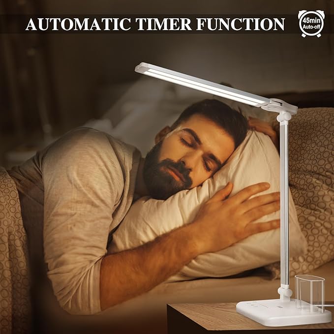 iVict Dual Swing Arm LED Desk Lamps, 5 Light Modes x 10 Brightness Levels Desk Light with USB Charging Port, 45 Minutes Auto Timer Table Lamp, Desk Lamp for Home Office, Bedroom, Reading/Study