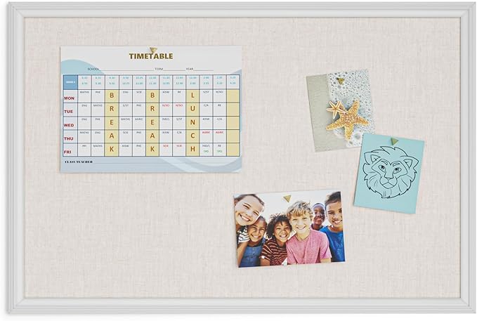 U Brands Farmhouse Linen Bulletin Board, 30"x20", White Wood Style Frame, Includes Push Pins