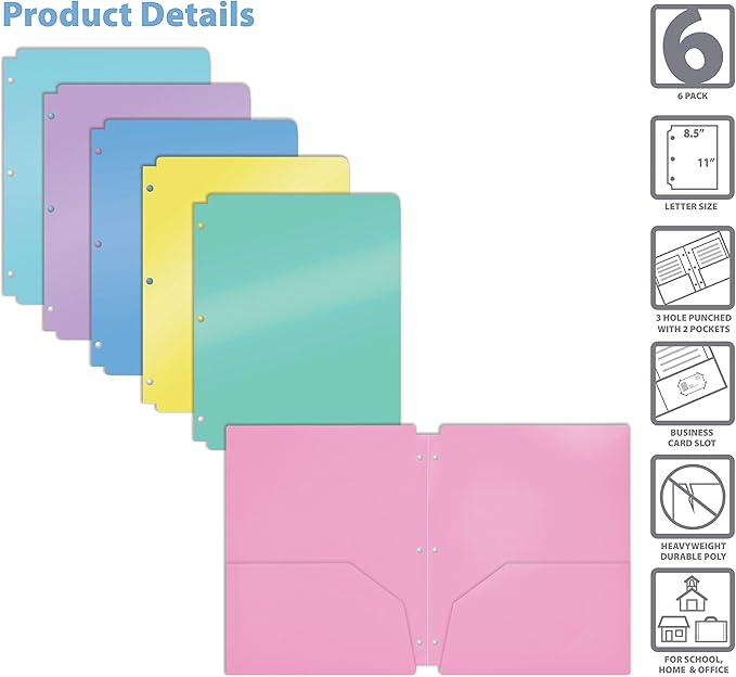 Better Office Products 3 Hole Punch Pocket Folders, Bulk Pack, Sturdy Plastic 2 Pocket Folders, Assorted Pastel Colors, Letter Size, with Business Card Slot,(6 Pack)