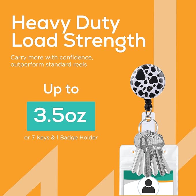 Will Well Badge Holders with Belt Clips for Securing onto Pockets and Purse Straps, with Retractable 27.5" UHMWPE Fiber Pull Cords, Strong Build with Fun Designs - 2-Pack, Cow Print