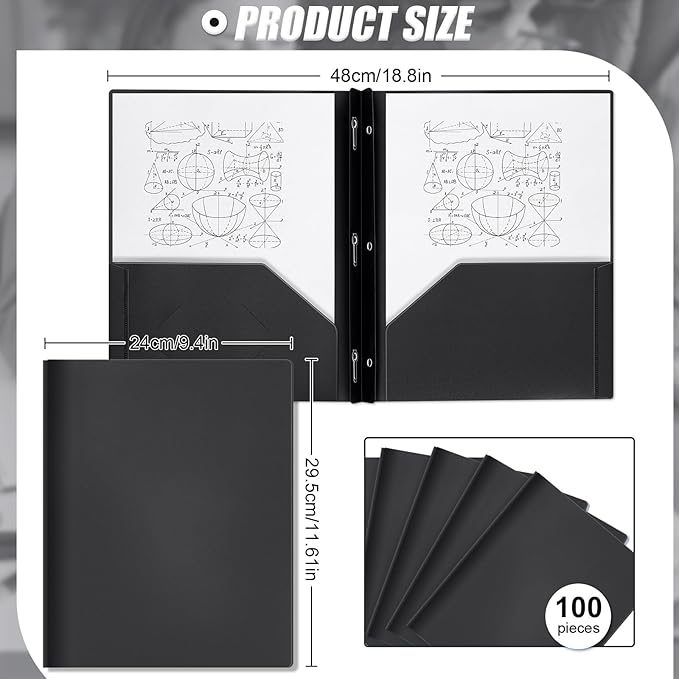 Yeaqee 60 Pcs Plastic Folders with Pockets and Prong Plastic Folders with 2 Pockets Pocket for Office, School for Students, Teachers, Office Workers (Black)