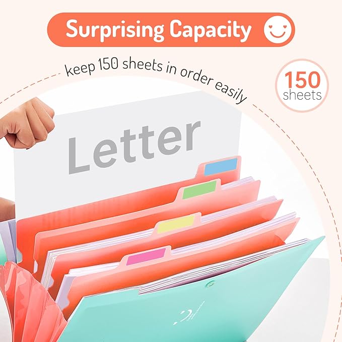 Forvencer Accordion File Organizer, Letter Size, 5 Pocket Expanding File Folder, Cute File Folder with Labels, Portable File Organizer for School Office Supplies, Folders for Documents, Orange
