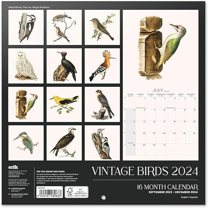 Wall Calendar 2024 12" x 12" FSC® Plastic Free - Starts Week On Sunday | Square Wall Calendar 2024 | Family Planner Calendar 2024 | 2024 Calendar (Birds 2024)