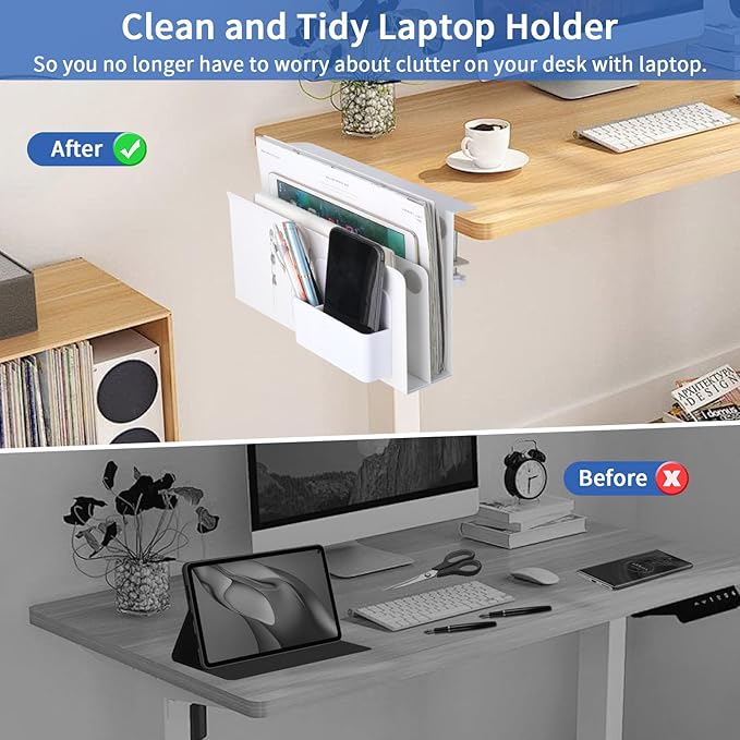 LUKETURE Desk Side Storage, 2 Tier Steel Hanging Organizer, No Drill Side Desk Organizer, Laptop Holder, with Pen Holder, Hanging Table Storage for Office and Home