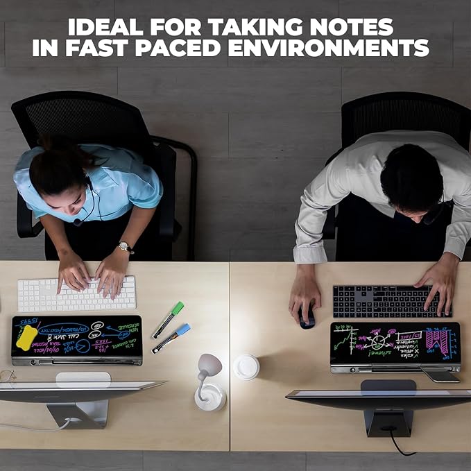 Desktop Dry Erase Board - Glass Erase Board - Black Desk Computer Buddy – Home Office & Studying Essentials - Phone & Tablet Slot, Storage Compartment - Includes 4 Markers, 1 Eraser.