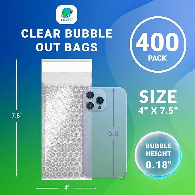 Clear Bubble Out Bags, 4 x 7.5 Inches. 400 Pack Self Seal Bubble Pouches. Polyethylene Clear Bubble Bags for Packing. Waterproof Clear Bubble Out Pouches for Fragile Things
