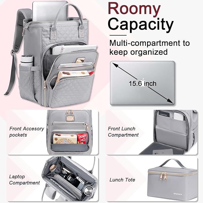 Weitars Lunch Backpack For Women,15.6 Inch Laptop Backpack For Women Backpack, Travel Backpack,Work Backpack For Women (Gray)