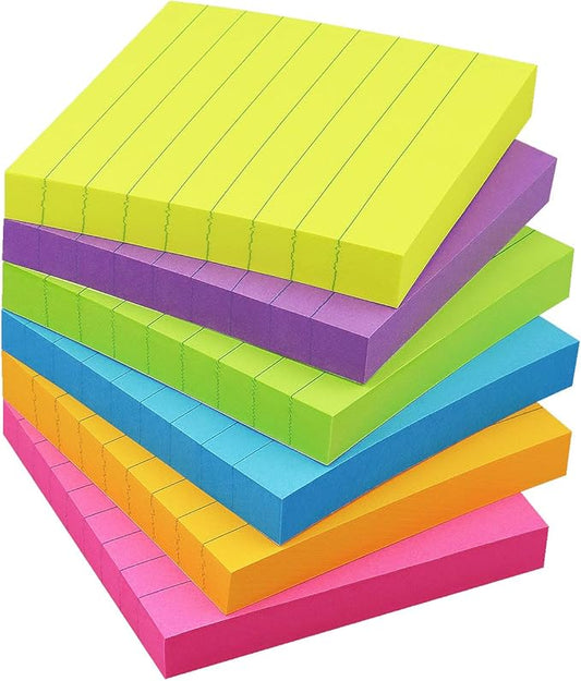 6 Pads Lined Sticky Notes 3x3 Sticky Notes with Lines Self-Stick Note Pads 6 Bright Multi Colors,100 Sheet/Pad