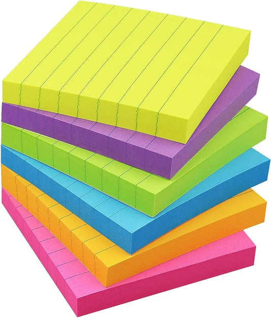 6 Pads Lined Sticky Notes 3x3 Sticky Notes with Lines Self-Stick Note Pads 6 Bright Multi Colors,100 Sheet/Pad