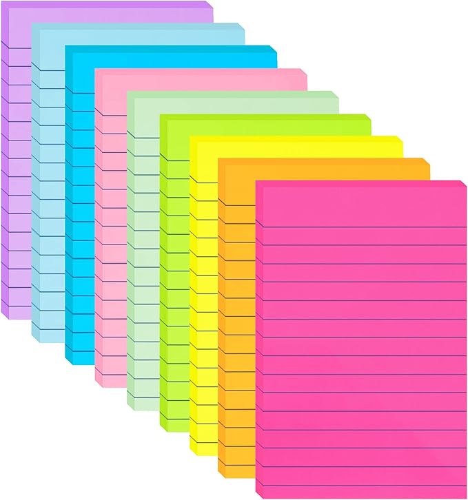 9 Pack Lined Sticky Notes 4x6 in Post Sticky Notes with Lines, 9 Bright Colors Large Ruled Post Sticky Colorful Super Sticking Power Memon Pads, Sticky Notes 4x6 for Office, Home, 35 Sheets/Pad