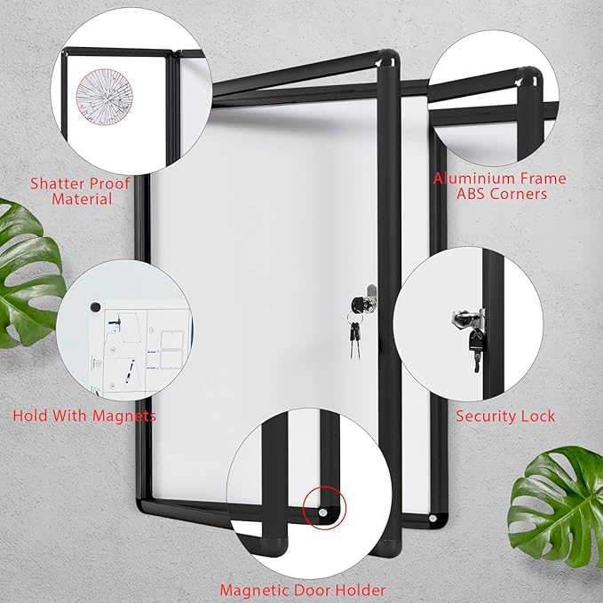 SWANCROWN Enclosed Notice Board Magnetic Bulletin Boards for Office with Locking Door,Black Frame, 26x20inch(4XA4