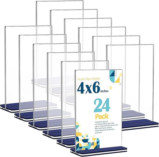 Youyole 24 Pack Acrylic Sign Holder 4 x 6'' Clear Table Sign Holder Double Sided T Shape Plastic Display Holder Menu Stand Business Store Sign Holder for Wedding School Office Hotel Party(Navy Blue)