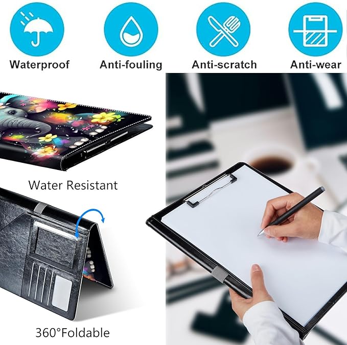 PU Leather Padfolio Folder Clipboard Portfolios Organizer Conference Document Organizer with Business Card Holder Storage Clipboard Writing Pad,Elephant with Flowers